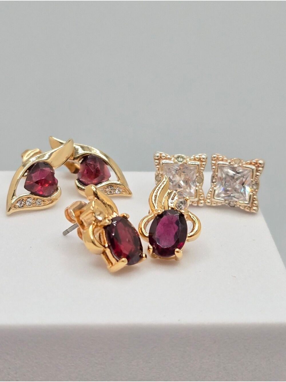 3 Pair Gold Tone Red Stone & CZ Stud Earring Set Vintage Style 1/2”